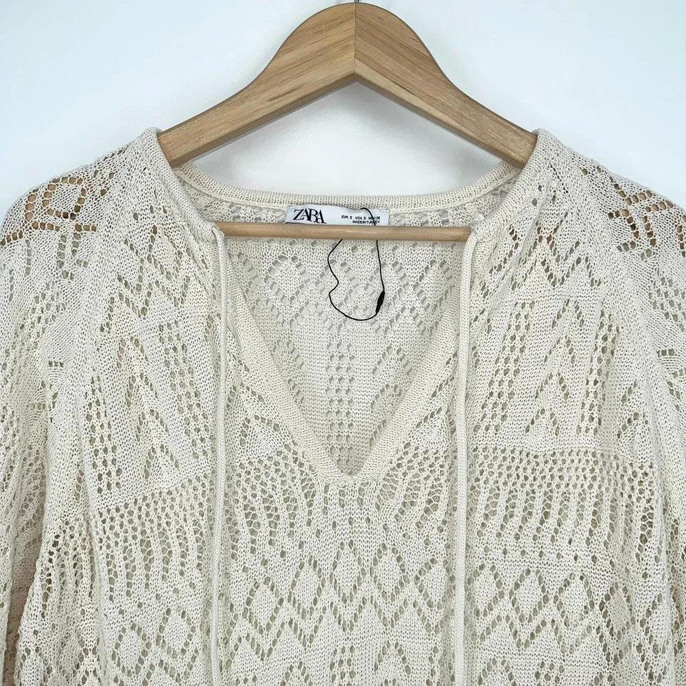 ZARA Crochet Maxi Dress Sheer Open Knit Long Sleeve Beach Cover Up Dress, Cream - Picture 9 of 14